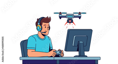 Young man wearing headset controlling drone with joystick at computer.
