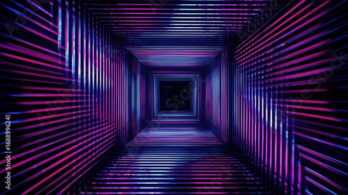 Fototapeta Naklejka Na Ścianę i Meble -  3d render abstract neon background with glowing square tunnel portal in dark room, colorful ultraviolet retro wave vector illustration design for futuristic product display and modern digital wallpape