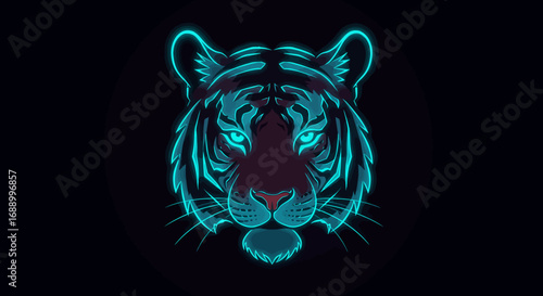 Neon Tiger Head with Glowing Blue Outline on Black Background.