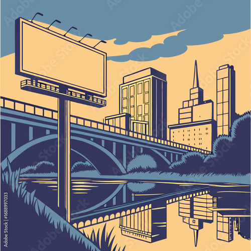Retro Cityscape Illustration with Bridge and River at Sunset