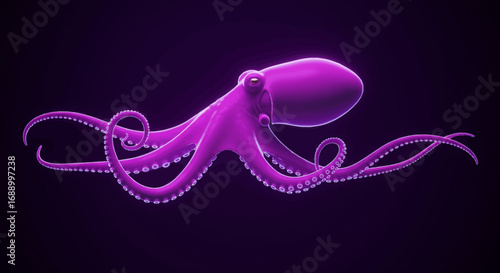 Vibrant Purple Octopus with Curled Tentacles on Dark Background.