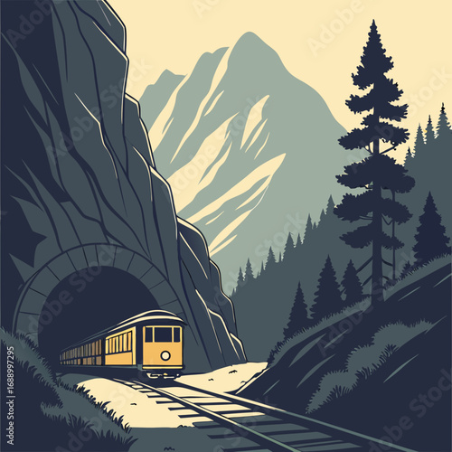 Retro Train Entering Mountain Tunnel Landscape