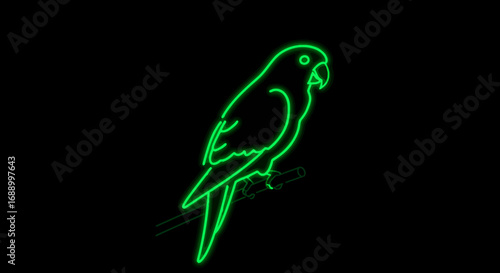 Neon Green Parrot Perched on Branch Outline Against Black Background.