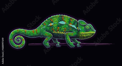 Vibrant Green Chameleon Perched on a Branch Illustration.