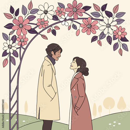 Romantic Couple Under Floral Arch in Pastel Landscape