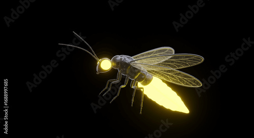 Glowing Firefly Insect with Transparent Wings on Black Background.