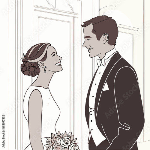 Romantic Wedding Couple Illustration in Sepia Tones
