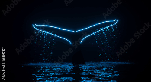 Glowing Whale Tail Plunging into Dark Water Illuminated with Blue Light.