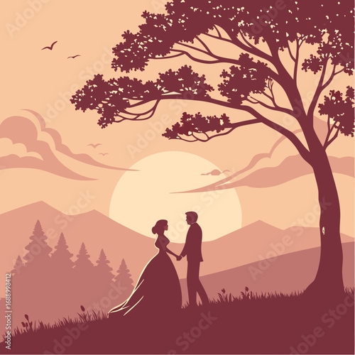 Silhouette Couple at Sunset: Romantic Landscape