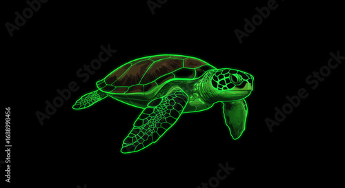 Neon Green Sea Turtle Illustration on Black Background.