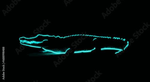 Glowing Cyan Alligator Silhouette on Black Background.