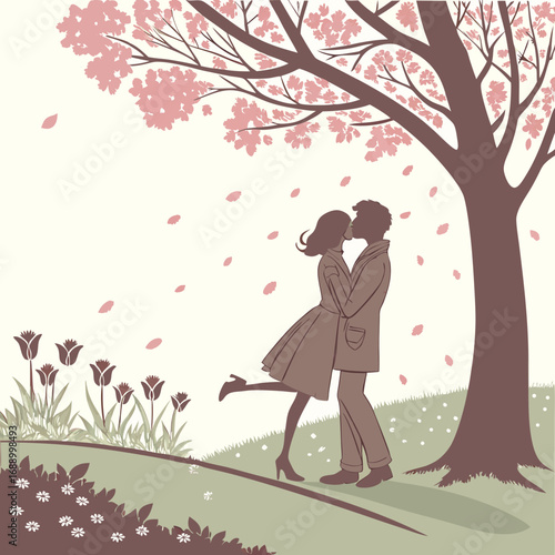 Silhouette of a Couple Kissing Under a Cherry Blossom Tree in Spring