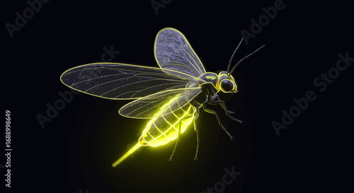 Glowing Firefly Insect with Transparent Wings on Dark Background.