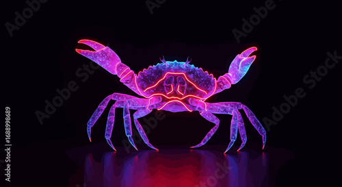 Neon Crab Illustration with Glowing Pink and Blue Lights on Black Background.