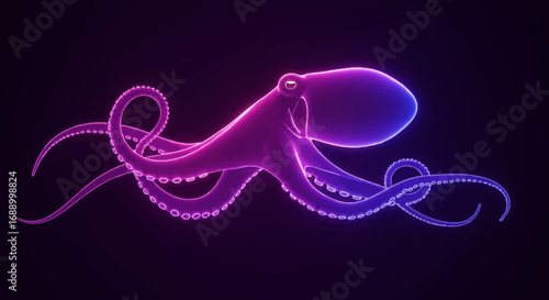 Luminous Octopus Illustration with Neon Purple and Blue Glow on Black Background.