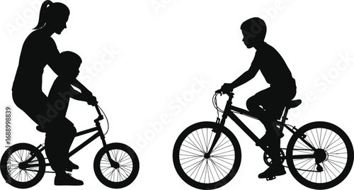 Silhouettes of mother teaching child to ride bicycle with sibling riding independently, family cycling together, parenting and outdoor activity.