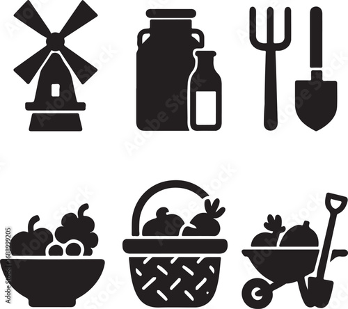 Farm Icons Set With Windmill Milk Jug Pitchfork And Shovel