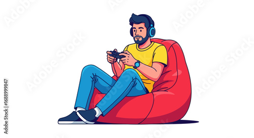 Relaxed Gamer in Beanbag Chair with Headphones.