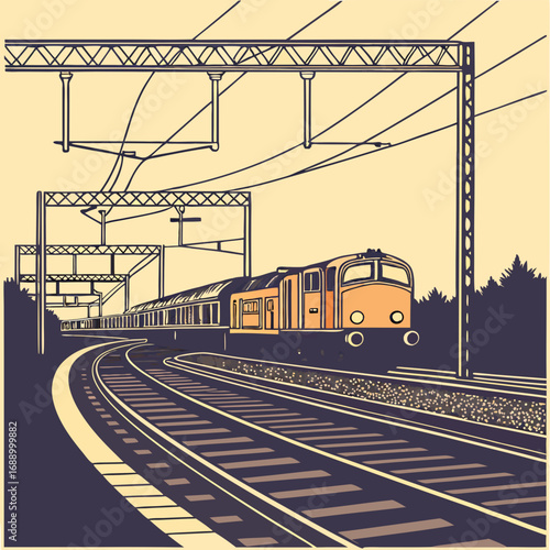 Vintage Illustration of a Train on Railway Tracks