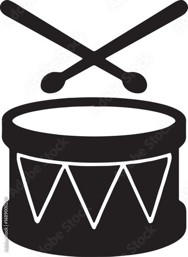 Simple black silhouette of a drum and drumsticks crossed above it