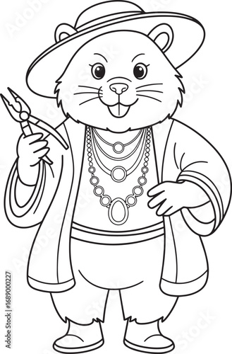 Cartoon Beaver Jeweler with Magnifying Glass and Jewelry Outline Vector Illustration
