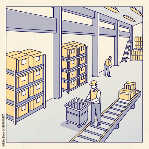 Warehouse Workers Moving Boxes Along Conveyor Belt