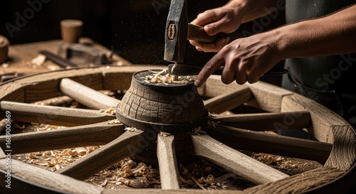 Skilled Artisan Crafting a Traditional Wooden Wheel.