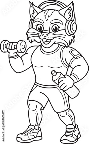 Cartoon Cat Athlete Lifting Weights and Staying Hydrated with Water Bottle Outline Vector