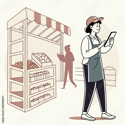 Woman Using Tablet at Produce Market Stall
