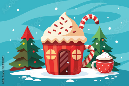 Festive Christmas mug house with candy cane and trees in snowy wonderland scene