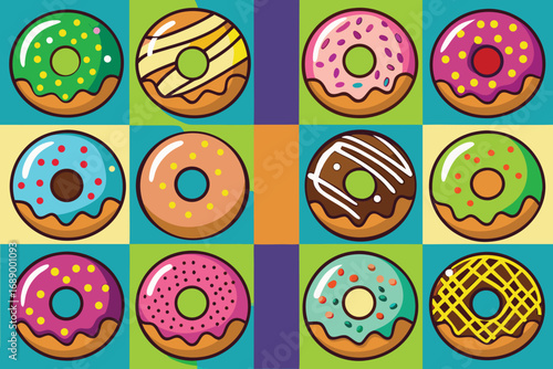 Vibrant collection of colorful, frosted donuts arranged in a playful pop art grid pattern