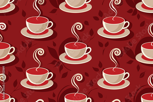 Warm steaming cups of coffee or tea in a repeating pattern on a rich red background with subtle floral elements