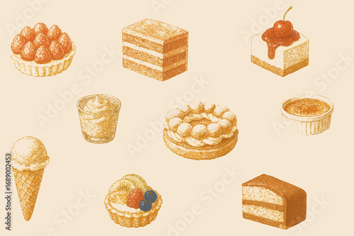 Seamless Stipple Dotwork Dessert Pattern (Caramel Multicolor on Cream)
