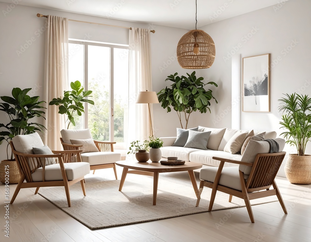 Fototapeta premium Bright Modern Living Room with White Sofa and Plants