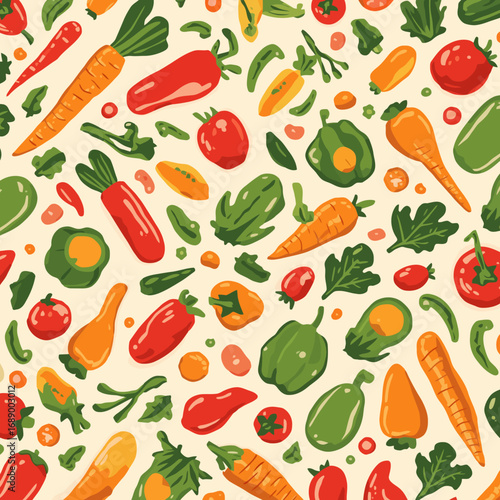 Colorful seamless vector pattern featuring a variety of fresh vegetables such as carrots, bell peppers, tomatoes, cucumbers, and leafy greens