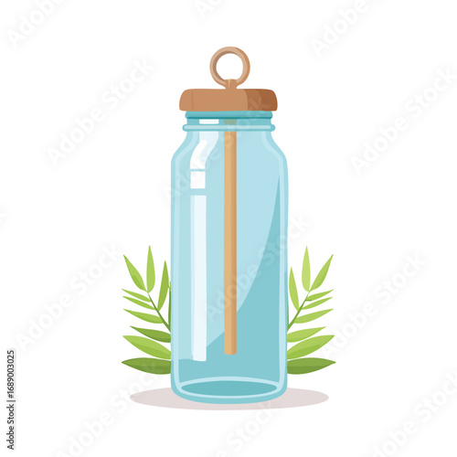 Reusable glass water bottle with a wooden cap. Eco-friendly and sustainable container for zero waste living. Vector illustration. Generative AI