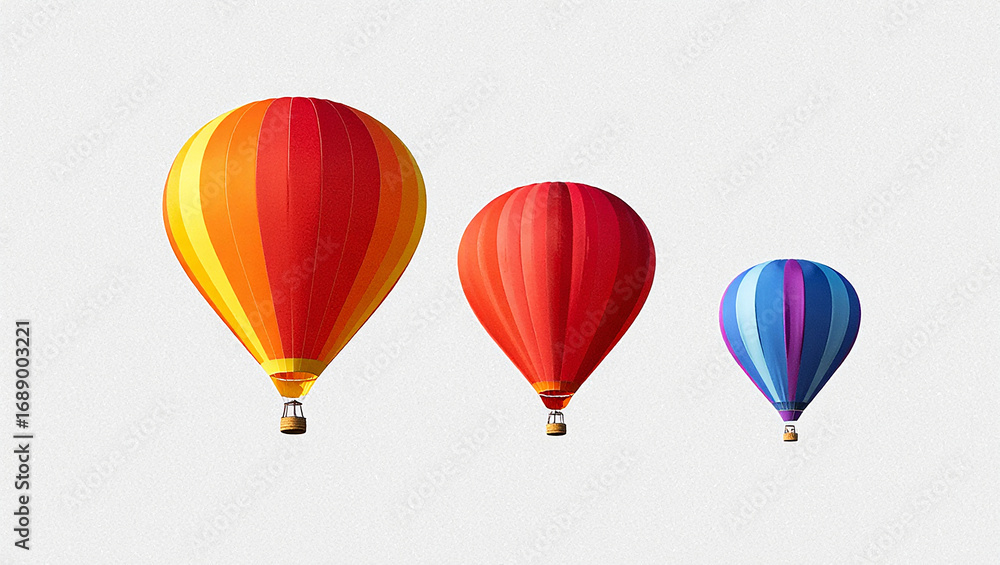 Obraz premium Three colorful hot air balloons floating against a light gray background airship travel