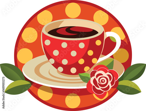 Enjoy a steaming cup of coffee with a delicate rose and leaves, perfect for a cozy morning.