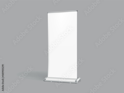 Blank vertical roll-up banner stand vector mockup. Pull-up roller portable signage mock-up. White pop-up advertising display template vector