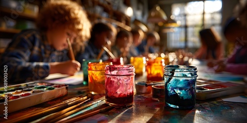 Children Painting with Watercolors at Sunlit Art Table perfect for arts education campaigns, creativity development programs, afterschool brochures and childhood enrichment visuals