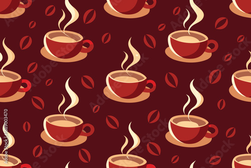 Steaming coffee cups and beans create a warm, inviting pattern perfect for cafes and beverage promotions