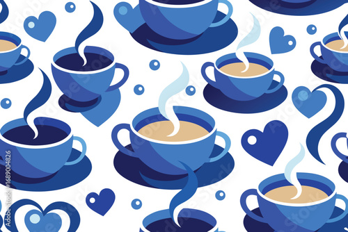 Cozy blue coffee cups with steaming hearts create a charming, modern pattern for cafe or lifestyle themes.
