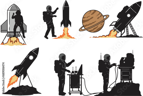 Space exploration scene with astronauts, rockets, planets, and scientific research in outer space, detailed vector illustration for science themes.