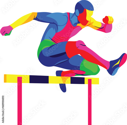Colorful athlete leaps over hurdle showing strength and agility in sports competition performance