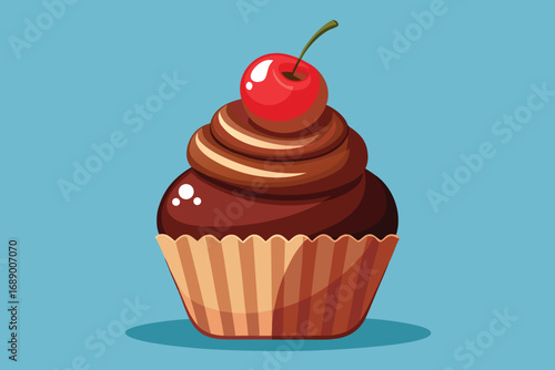 Delicious chocolate cupcake with creamy frosting and a bright red cherry on top