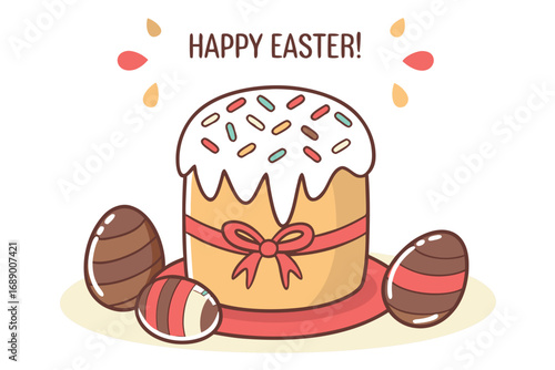 Joyful Easter celebration with festive cake adorned with sprinkles and colorful chocolate eggs
