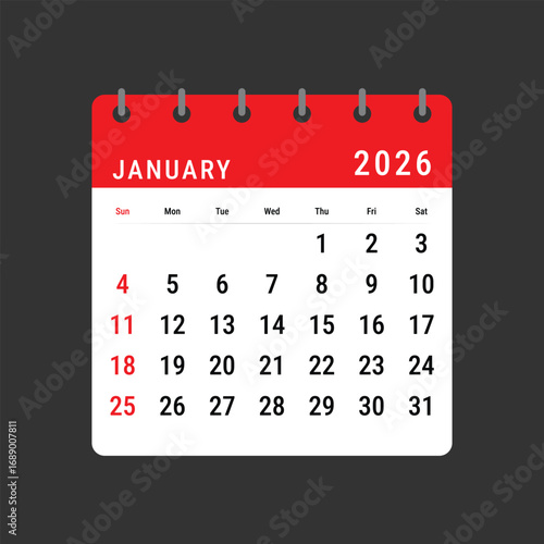 Red 2026 January Calendar Layout Vector