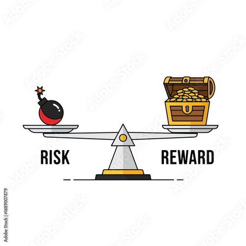 Risk and reward balance scale with bomb and treasure chest.