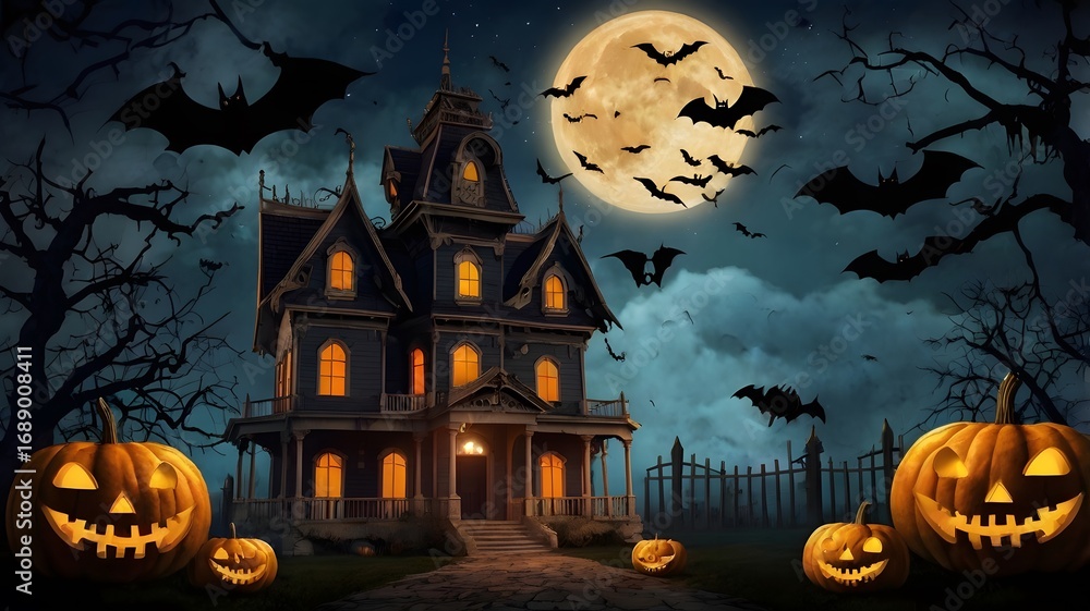 Fototapeta premium Halloween night background with a haunted house, pumpkins and bats in the sky