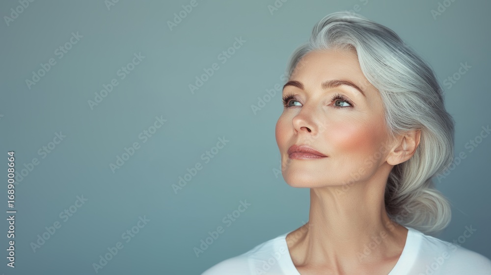 Fototapeta premium Elegant mature woman with silver hair looking up thoughtfully. Beauty and confidence portrait with minimal background. Aging gracefully concept.